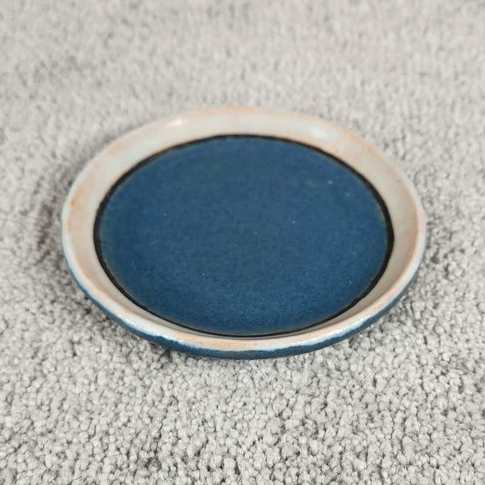 Handmade Pottery Vintage Small Ceramic Trinket Dish Blue Cream Round 4‎ Inch